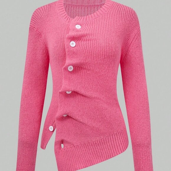 Pink Casual Women's Front Button Knit Top With Asymmetric Hem & Round Sweater - Picture 2 of 6